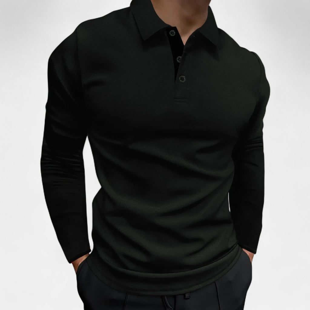 Polo de algodón de manga larga con cuello de tres botones para hombre