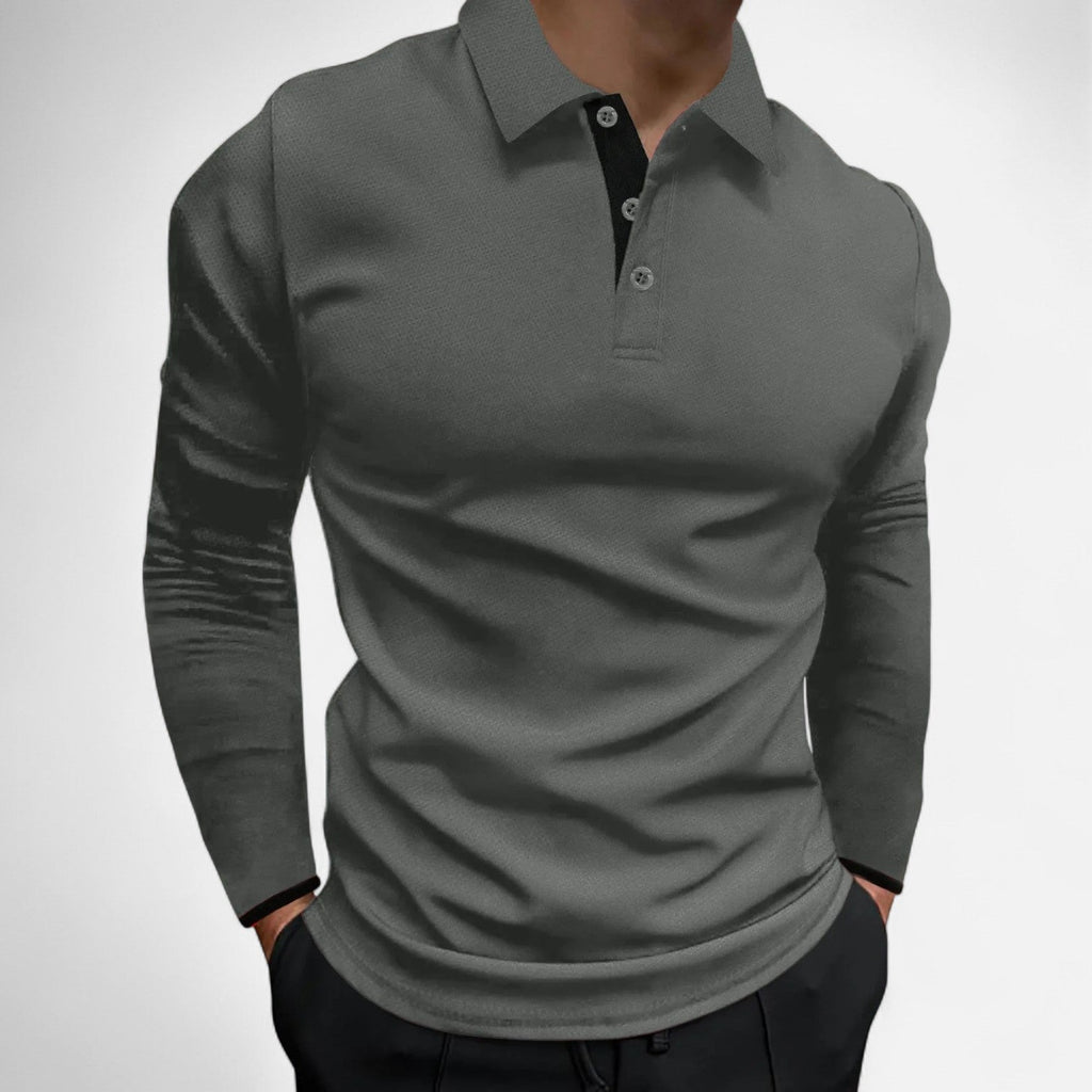 Polo de algodón de manga larga con cuello de tres botones para hombre