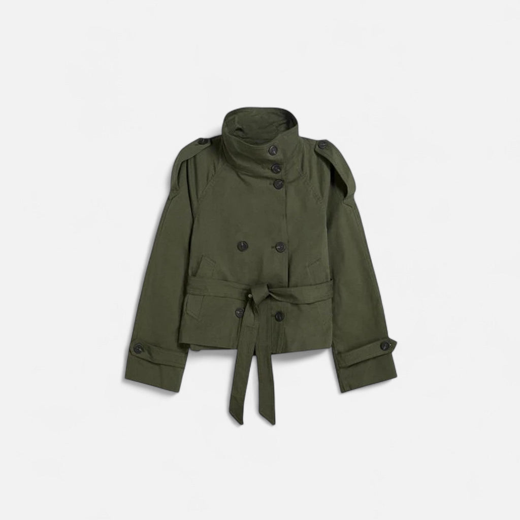 Women's short double-breasted trench coat with a belted waist and high collar