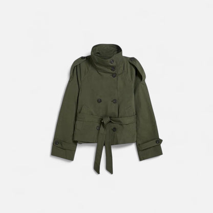 Trench Court Ceinturé Col Montant Double Boutonnage pour Femme