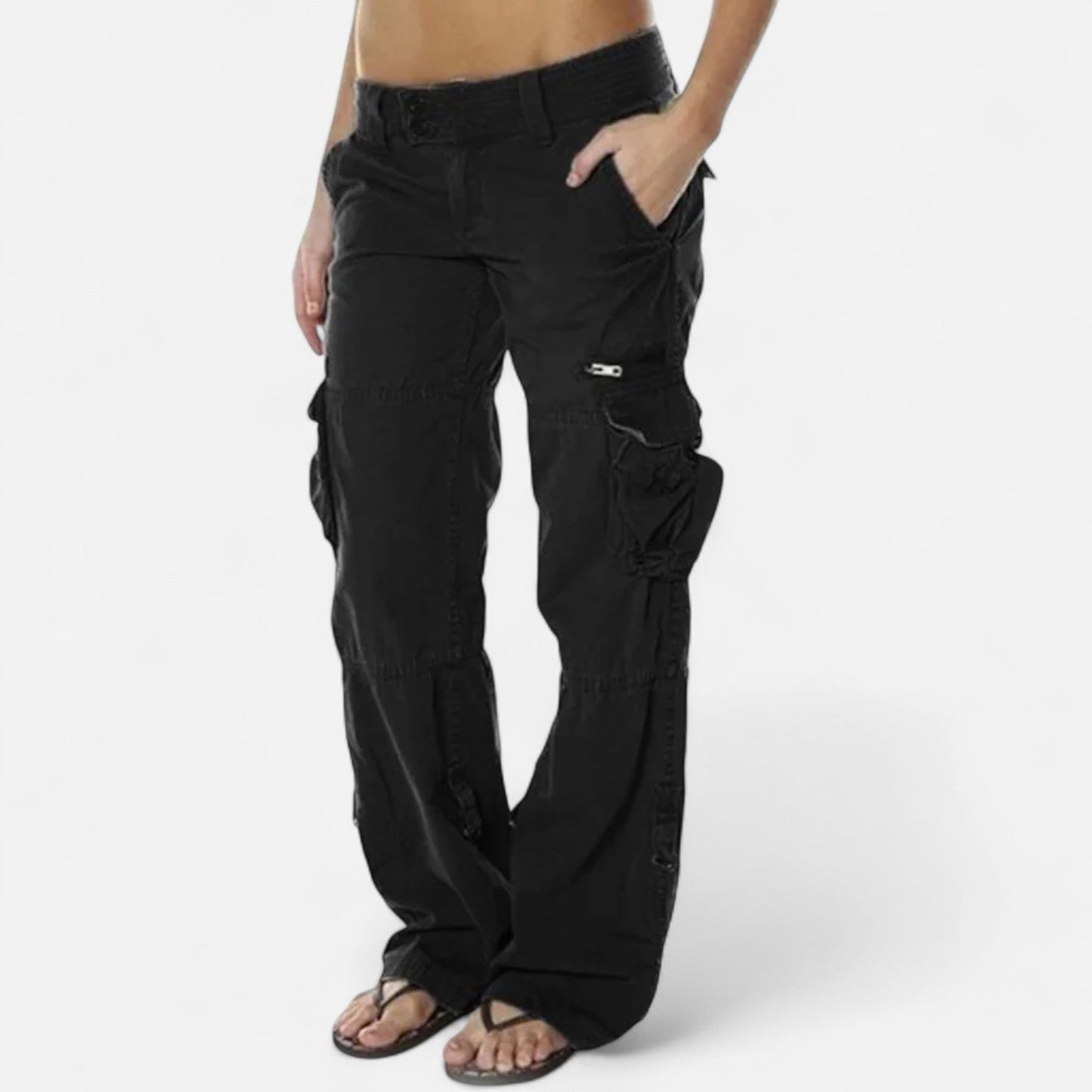 Pantalon cargo femme coton coupe large jambe droite