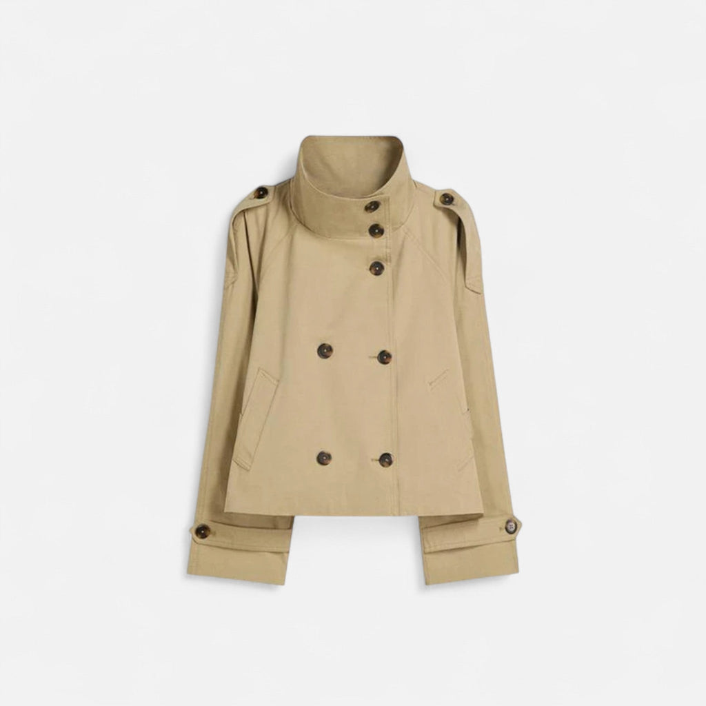 Women's short double-breasted trench coat with a belted waist and high collar