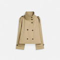Women's short double-breasted trench coat with a belted waist and high collar