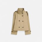 Women's short double-breasted trench coat with a belted waist and high collar