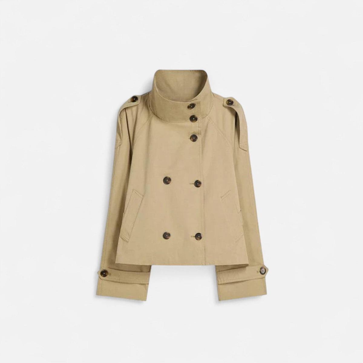 Trench Court Ceinturé Col Montant Double Boutonnage pour Femme