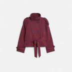 Women's short double-breasted trench coat with a belted waist and high collar