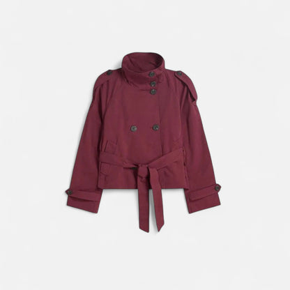 Trench Court Ceinturé Col Montant Double Boutonnage pour Femme