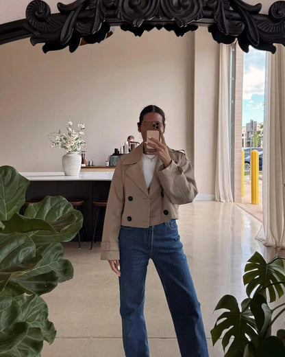 Trench court femme double boutonnage revers structuré mi-saison