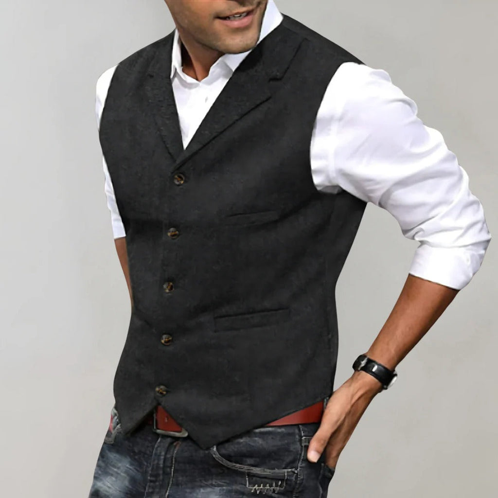 Men's herringbone vest with a V-neck and adjustable back