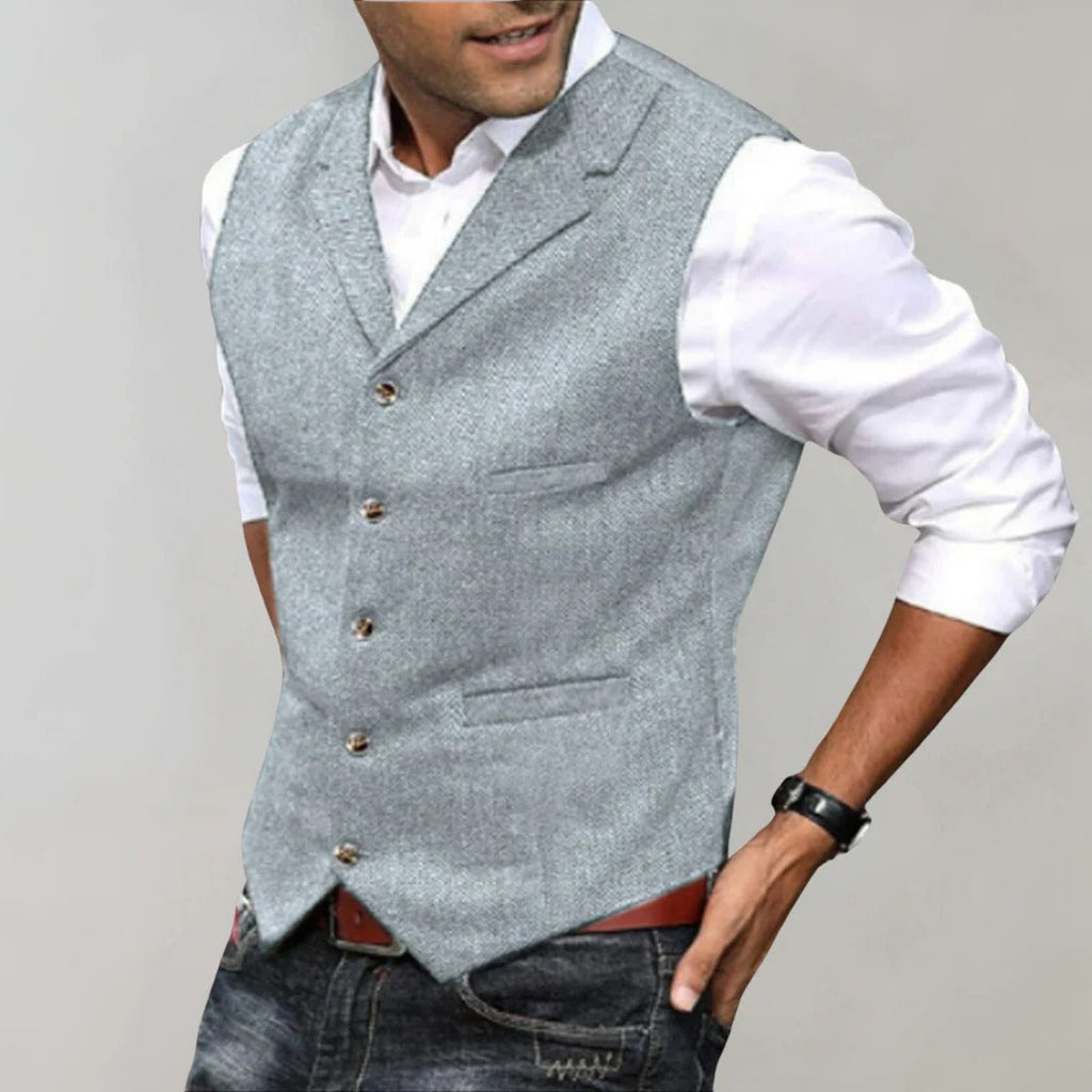 Men's herringbone vest with a V-neck and adjustable back