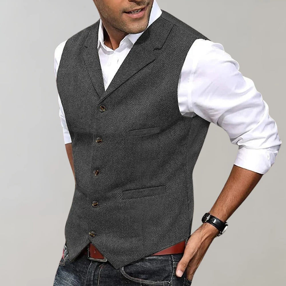 Men's herringbone vest with a V-neck and adjustable back
