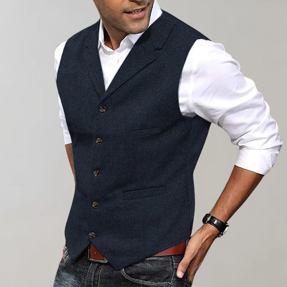 Men's herringbone vest with a V-neck and adjustable back