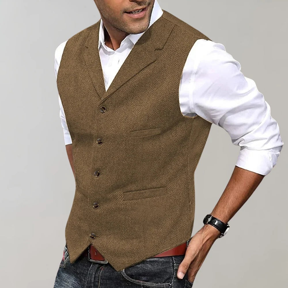 Men's herringbone vest with a V-neck and adjustable back