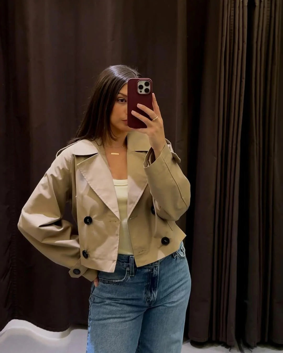 Trench court femme double boutonnage revers structuré mi-saison