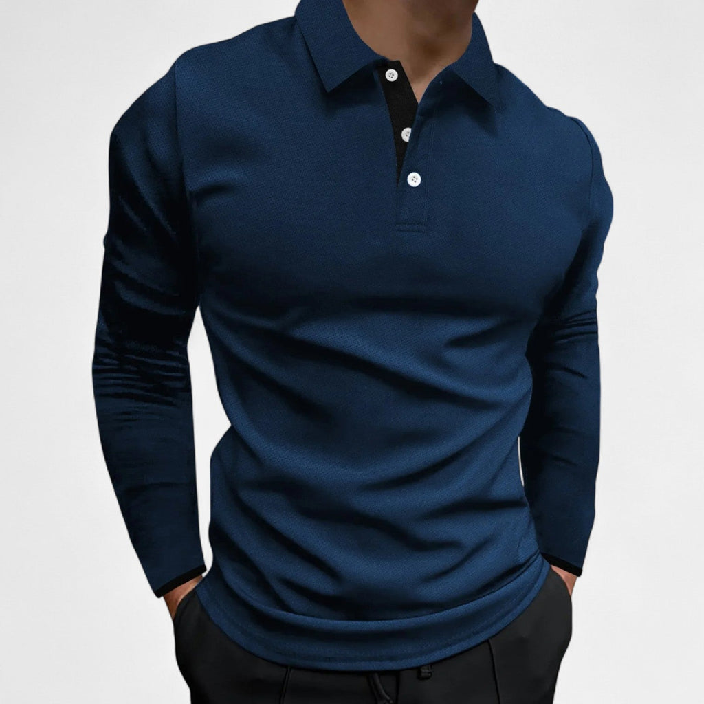 Polo de algodón de manga larga con cuello de tres botones para hombre