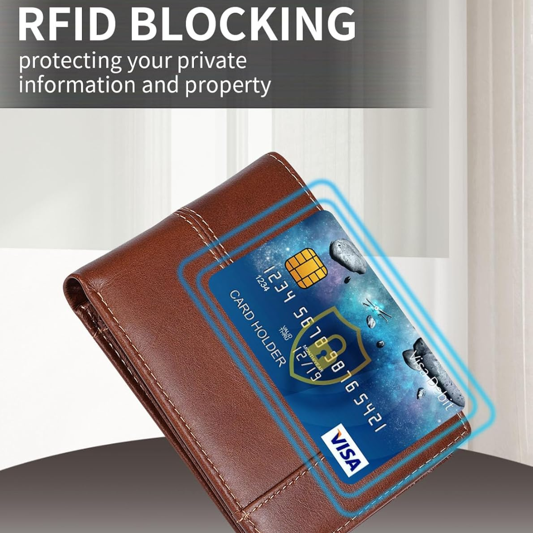 Cartera bifold de piel auténtica con protección RFID para hombre