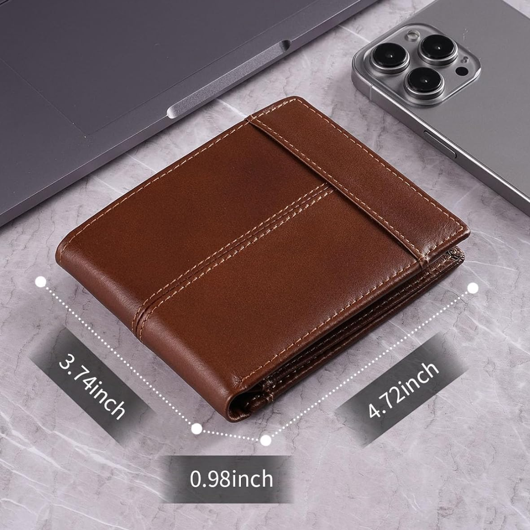 Cartera bifold de piel auténtica con protección RFID para hombre
