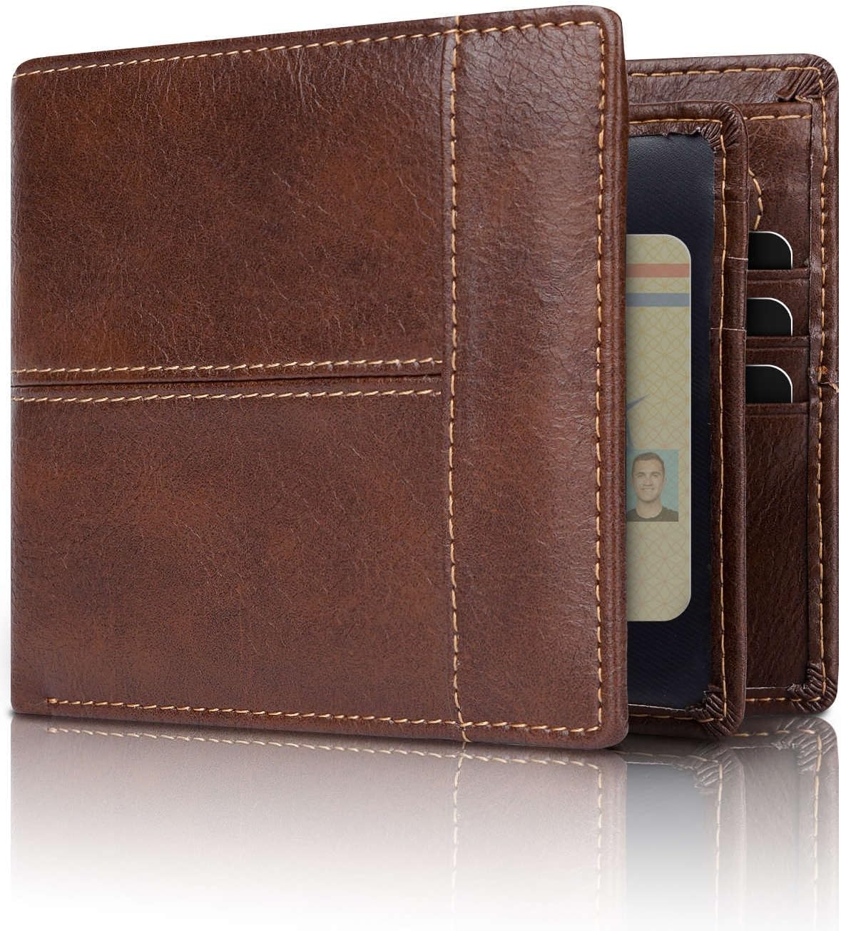 Cartera bifold de piel auténtica con protección RFID para hombre