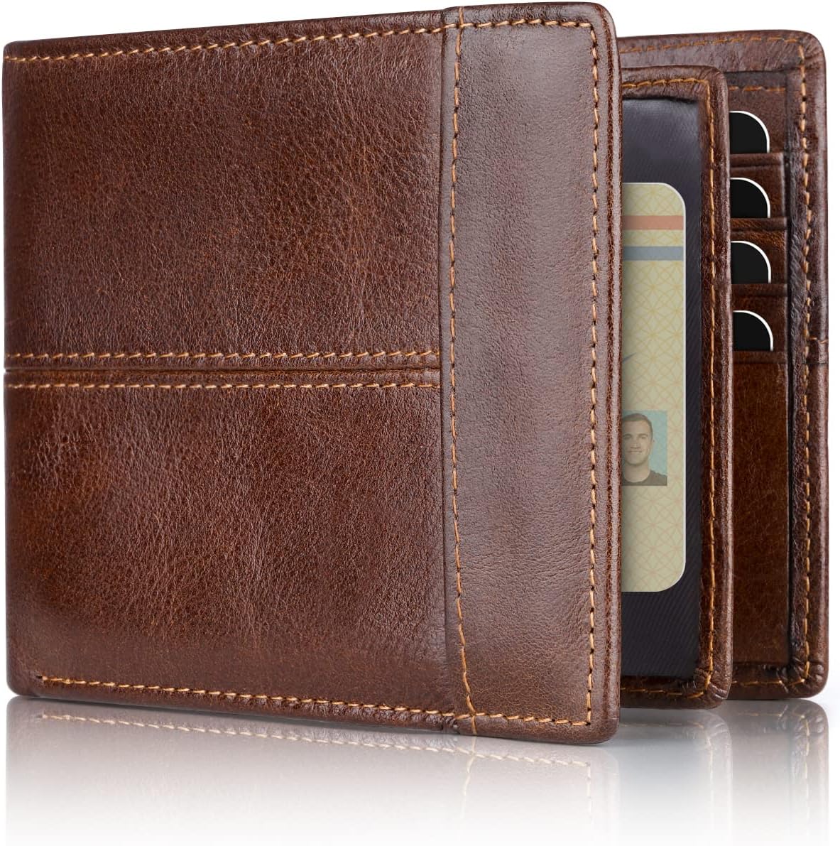 Cartera bifold de piel auténtica con protección RFID para hombre