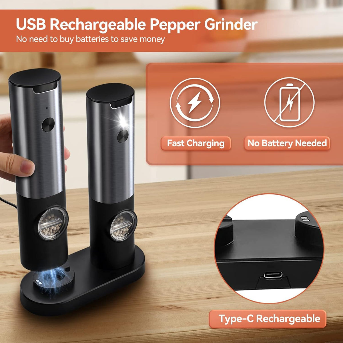 Moulin à sel et poivre électrique rechargeable en acier inoxydable
