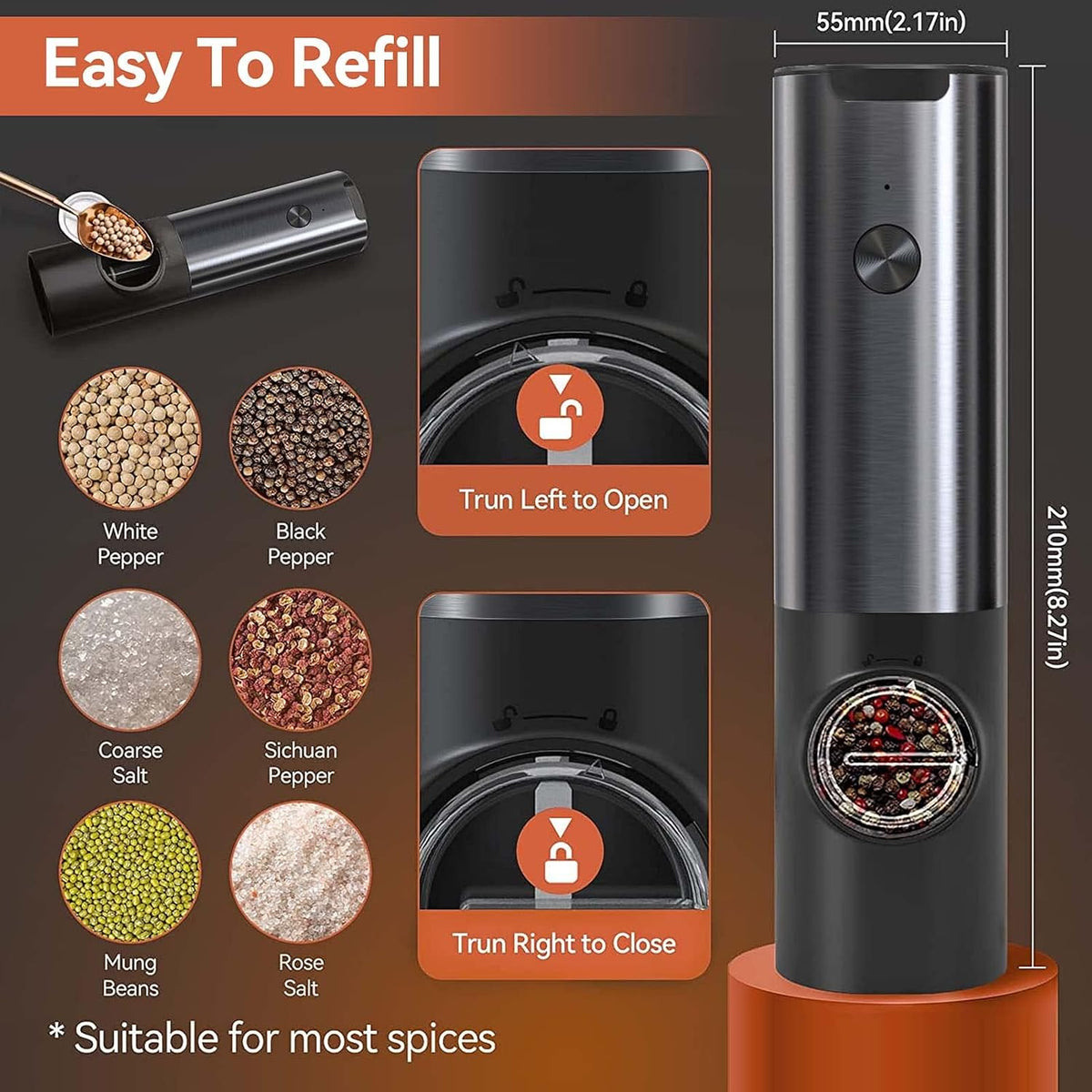Moulin à sel et poivre électrique rechargeable en acier inoxydable