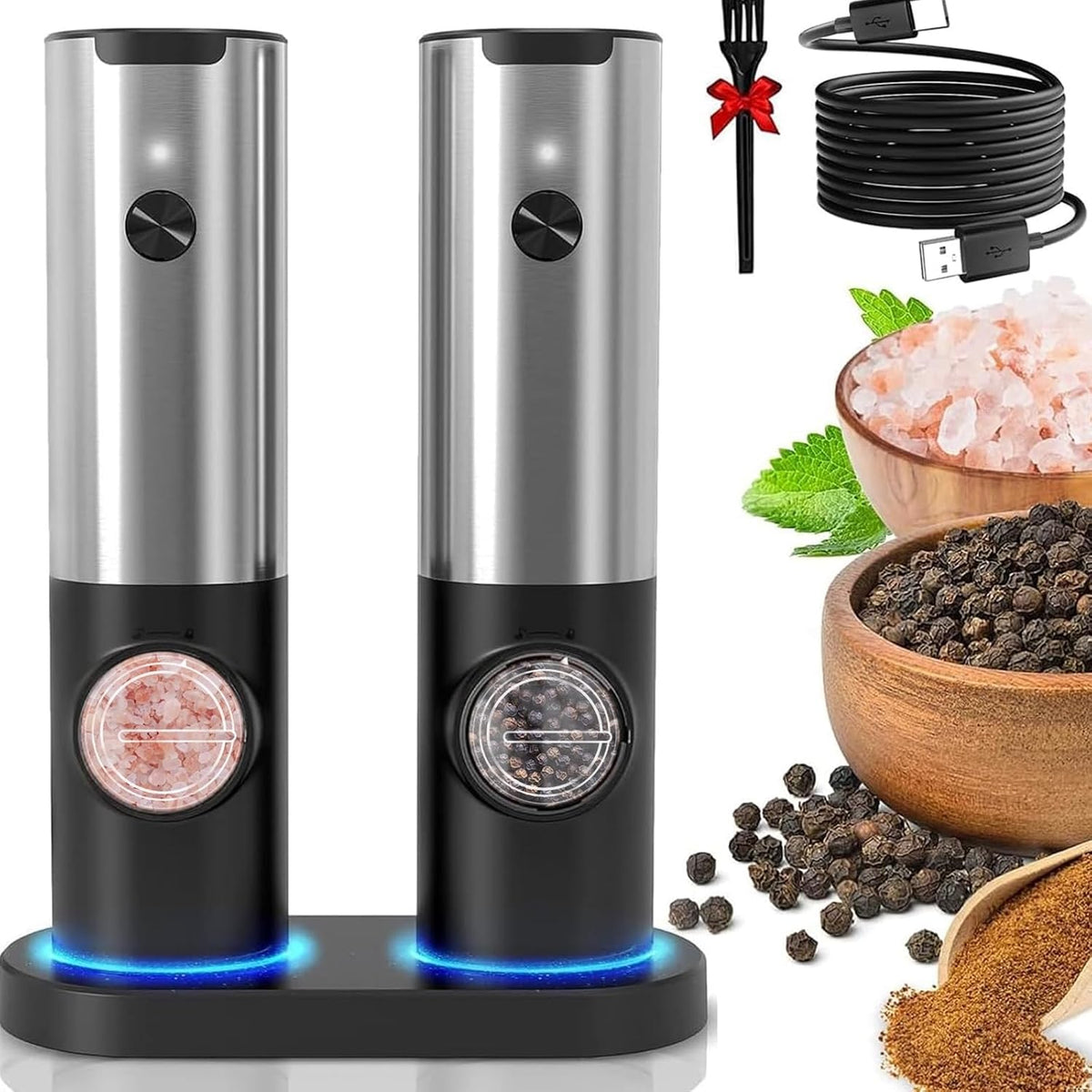 Moulin à sel et poivre électrique rechargeable en acier inoxydable
